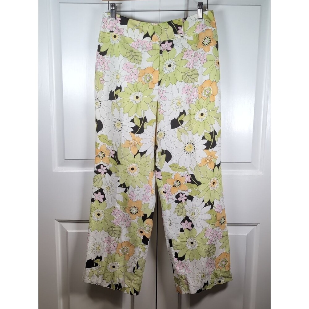Vintage Talbots Floral Linen Pants Wide Leg Cropped Trouser Cute Summer Capri